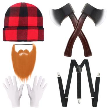 Imagem de Kyson Conjunto de acessórios para fantasia de lenhador de Halloween, gorro xadrez de lenhador, luvas suspensórias, machados, bigode (conjunto A-6 peças)