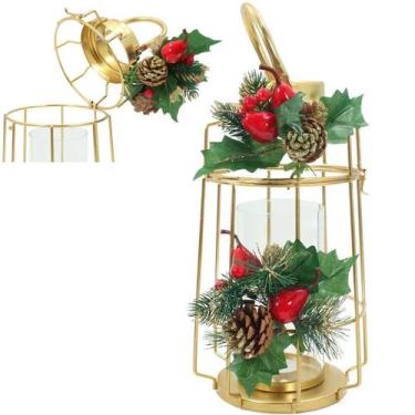 Imagem de Lamparina Luminária Natal Dourada Em Metal Decorativa 36cm - Genérico,