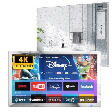 Imagem de Haocrown Espelho de TV inteligente 4K Ultra HD de 32 polegadas, IP66 impermeável, sistema Android 13 com controle remoto de voz para sintonizador ATSC Google Assistant, 500 cd/㎡ alto brilho (moldura