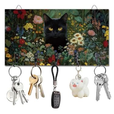 Imagem de DELORIGIN Porta-chaves de flores silvestres de gato preto, suportes para chaves de madeira montados na parede, com 5 ganchos, organizador de chaves, organizador de chaves, cabide para decoração de