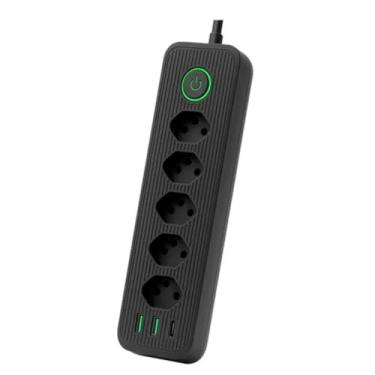 Imagem de Filtro de Linha, Extensão Tomada, Régua Tomada, Régua de Energia, 5 Tomadas, 2 Entradas USB, 1 Porta USB Tipo-C, Cabo de Alimentação de 2 metros (Preto)