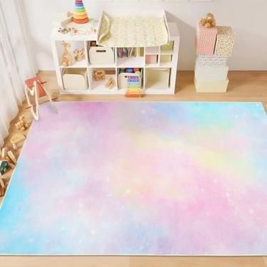 Imagem de Lacomfy Tapete infantil 1,5 x 1,6 m – Tapete azul rosa para quarto de crianças e meninas, decoração de quarto pastel sonhador para sala de jogos, sala de estar, sala de aula, escritório, tapete