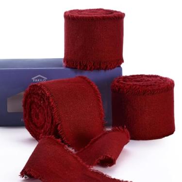 Imagem de FAKILO Fita de algodão rústico natural com borda desgastada, fita 100% algodão vermelho vinho 3,8 cm x 18 m para buquês de casamento vintage, convites, chá de bebê, embrulho de presente, artesanato