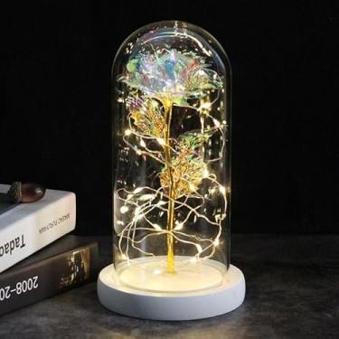 Imagem de Rosa encantada A Bela e a Fera em cúpula de vidro com base de madeira, luz LED de 6 cores, presente de Dia dos Namorados