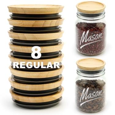 Imagem de Pacote com 8 tampas de jarras de bambu com boca regular, suprimentos para conservas, frascos pequenos de boca, acessórios decorativos reutilizáveis de madeira, tampas de conserva de silicone, copos de