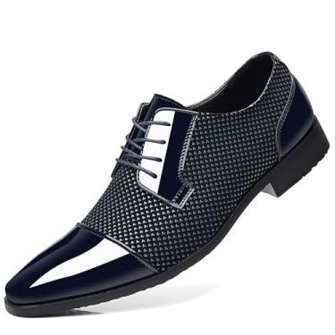 Imagem de Sapato social masculino Oxford de couro envernizado clássico cadarço formal smoking sapatos negócios casamento Derby sapato bico bico moderno, Preto/azul, 38