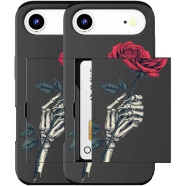 Imagem de MUQR Capa para celular 17 Air compatível com suporte de cartão fofo - Design Kawaii, proteção contra quedas de nível militar, capa carteira robusta para mulheres (esqueleto preto caveira rosa)