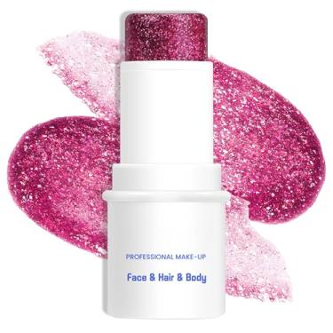 Imagem de LOKFAR Bastão de maquiagem com glitter rosa vermelho para corpo e rosto, gel multiuso à prova d'água com glitter para rosto, corpo e lábios, bastão de tinta de lantejoulas holográficas, acessórios de