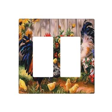 Imagem de Chicken Farmhouse Farmland Galo pintinhos celeiro duplo interruptor de luz conjunto de 2 placas decorativas de parede placa de interruptor elétrico GFCI painel de casa de fazenda para casa de banho
