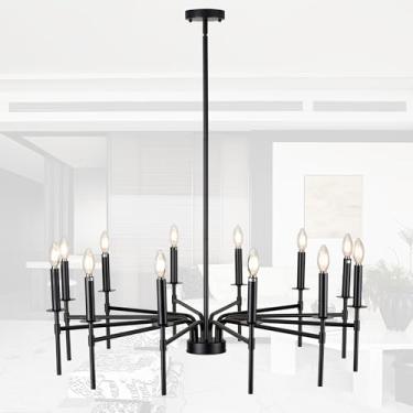 Imagem de Luminária pendente preta de 12 luzes, luminária moderna de sala de jantar de fazenda sobre mesa, lustre de cozinha geométrico de metal industrial para entrada corredor hall de entrada quarto