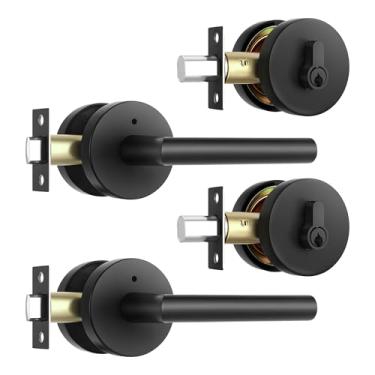 Imagem de Leydebong Pacote com 2 fechaduras de porta da frente preto fosco com fecho, maçanetas pretas, fechadura de porta combinada, maçaneta externa com chave semelhante