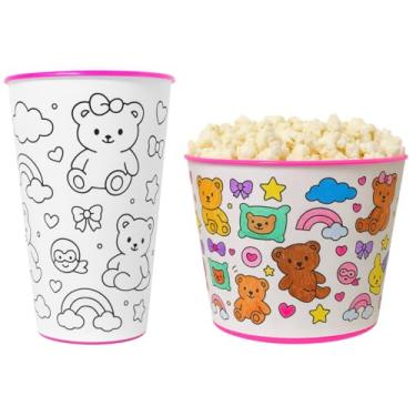 Imagem de Copo Infantil e Balde de Pipoca p/Colorir Desenho Kit Cinema em Casa (Menina ursinho)