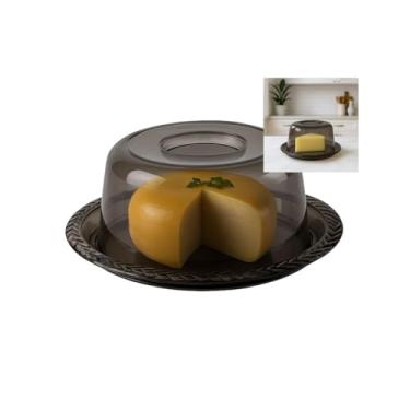 Imagem de Queijeira Acrílica com Tampa, Base Trançada, Fumê e Transparente, para Servir e Conservar Queijos