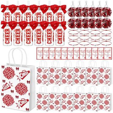 Imagem de Mimorou 12 conjuntos de presente de líder de torcida em massa para equipe, inclui 12 copos de líderes de torcida garrafas de água de plástico com tampa e palha, 12 porta-chaves pompom, 12 pulseiras de