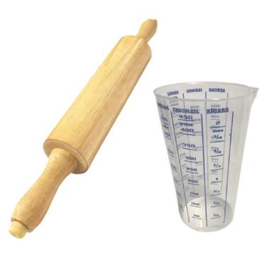 Imagem de Kit Rolo Para Massa Pizza Pão Madeira 23cm e Copo Medidor - INJETEMP/E