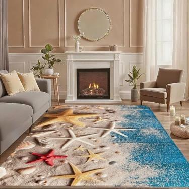 Imagem de Tapetes de praia costeira para sala de estar, 12 x 18 cm, tapete de estrela do mar, lavável, antiderrapante, macio, tapetes grandes para sala de jantar, berçário, decoração de casa infantil estética