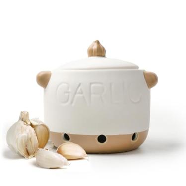 Imagem de Zaposcca Detentor de alho, suporte de alho de cerâmica de 11 cm para balcão, pequeno armazenamento de alho, guarda alho com tampa para manter seu alho (branco)
