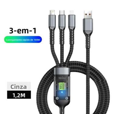 Imagem de Cabo USB Multi Portas 3 Em 1 De 100W Com Display LED Para iPhone, Sams