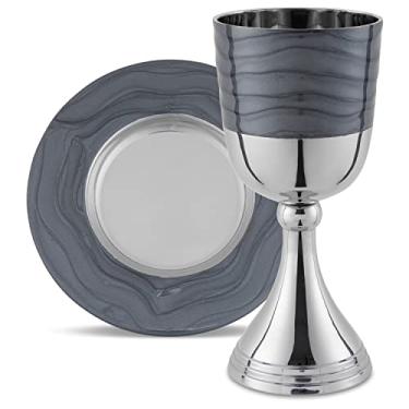 Imagem de Luxuoso conjunto de copos Kiddush em caixa de presente - banhado a níquel polido e esmaltado (cinza escuro) elegante taça de vinho de 14,6 cm e bandeja combinando - deslumbrante decoração de Páscoa,