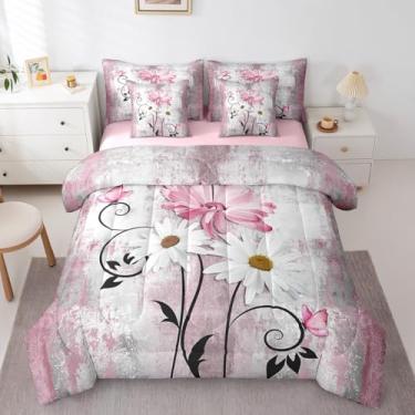 Imagem de Jogo de cama de casal com 7 peças, rosa, cinza, rústico, para crianças, meninos, meninas, mulheres, margaridas, floral, vintage, borboletas de madeira, conjunto de cama ombré
