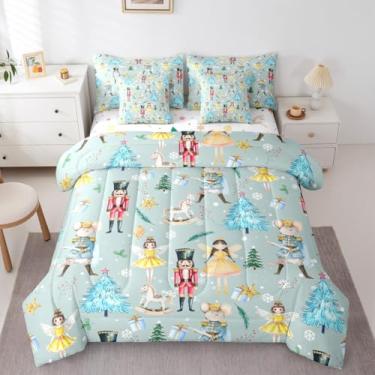 Imagem de Conjunto de edredom solteiro de Natal verde cinza com lençol infantil quebra-nozes de Natal com 7 peças, conjunto de cama de balé sonhador de princesa, carrossel, árvore de Natal, reversível