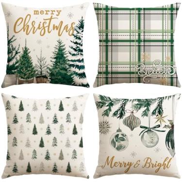 Imagem de OTOSTAR Capas de almofada de Natal 40,6 x 40,6 cm, conjunto de 4, Merry & Bright Christmas Tree Ball Farmhouse Capas de almofada decorativas de inverno para sofá-cama e sofá