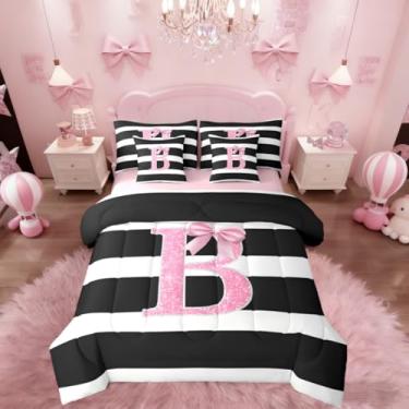 Imagem de Erosebridal Conjunto de cama casal com letra B com laço rosa e laço kawaii, para crianças, meninas, adolescentes, mulheres, conjunto de cama com monograma, listras pretas e brancas