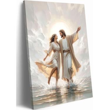 Imagem de Jesus e Mulher Dançando na Água Arte de Parede Jesus com Menina Decoração de Parede Imagens Cristãs LDS Art Poster Impressões para Sala de Estar Quarto Igreja Decorações de Casa 40 x 61 cm Pronto para