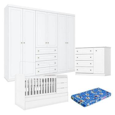 Imagem de Quarto Infantil 6 Portas Americano com Berço Multifuncional Cleo Branc