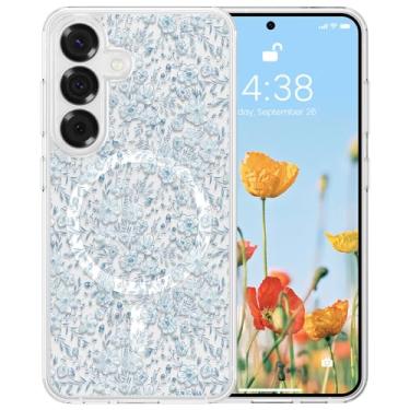 Imagem de RALEAVO Capa para Samsung Galaxy S24 compatível com MagSafe Clear Floral Pattern Design Cute Cover for Girls Women Slim Magnetic Hard Back à prova de choque para S24, flores azuis