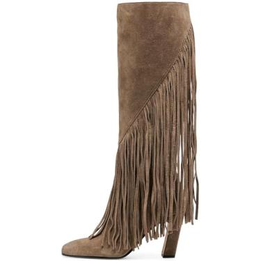 Imagem de Lovee Cosee Botas femininas de camurça na altura do joelho com borlas, salto grosso, bico quadrado, zíper completo, outono, inverno, conforto para festivais de música, concertos, roupas diárias