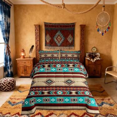 Imagem de Conjunto de edredom infantil geométrico asteca, tamanho casal, tribal do sudoeste, étnico, boêmio, decoração de quarto de meninos, edredom boêmio, casa de fazenda rústica, conjunto de edredom