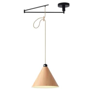 Imagem de Luminária pendente industrial com braço oscilante, luz suspensa, grão de madeira, preta, luminária pendente moderna de meados do século, braço ajustável, lustre de fazenda para mesa de janta