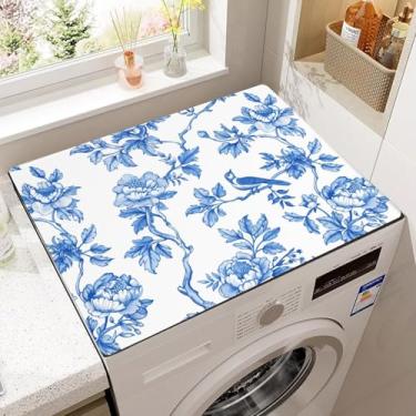 Imagem de Almofada de proteção contra poeira para máquina de lavar floral azul e branco, capas antiderrapantes para lavadora e secadora chinoiserie para a parte superior, tapete protetor para lavadora e
