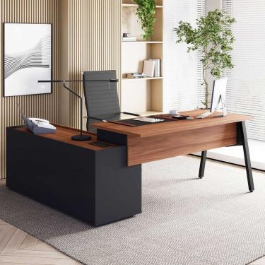 Imagem de Mesa L Diretor 180cm com Armário Lateral Tampo Chanfrado Pés em Metal Industrial Executive Nogal/Preto