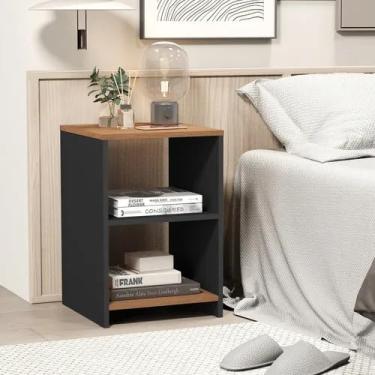 Imagem de Mesa de Cabeceira Compacta de Quarto Mesinha Apoio Lateral para Cabeceira Cama com 2 Nichos Organização e Decoração Abertos 33cm x 48cm x 30cm Design Clean Dubai - Preto/Freijó