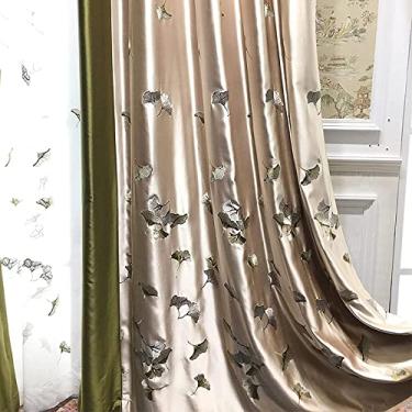 Imagem de Cortina blackout cortina de seda bordada com folhas de ginkgo, cortinas blackout estilo chinês, cortinas de cetim escurecendo o quarto com ilhós para sala de estar quarto - cortina cáqui 400 x 270 cm