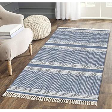 Imagem de Tapete de área com borla, sem costura, tecido de casa de fazenda, tecido de linho, listrado, textura, cru, linho, azul, franja, tapete para chão, pátio, corredor, corredor, minimalista, decoração de