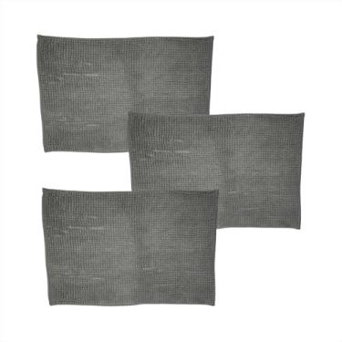 Imagem de Jogo 3 Tapetes Antiderrapante Microfibra Poliéster Borracha p/Pé Macio Seca Rápido Banheiro Cinza Chumbo