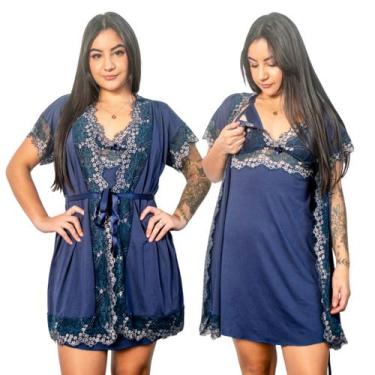 Imagem de Conjunto Robe e Camisola Amamentação Gestante Bicolor Pós Parto Luxuos