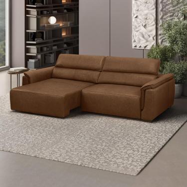 Imagem de Sofá Decorativo Lorenzo 4 Lugares Sala de estar 280cm Reclinável e Retrátil Couro Marrom Claro Manchado G88 - Gran Belo