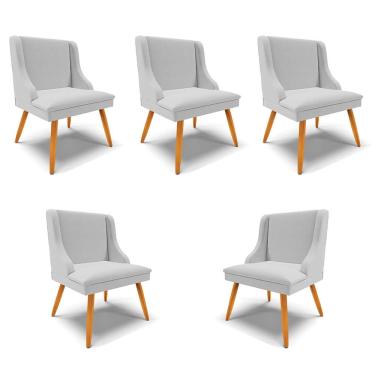 Imagem de Kit 5 Cadeiras Decorativas Sala de Jantar Pés Palito de Madeira Firenze Linho Cinza/Natural G19 - Gran Belo