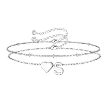 Imagem de M MOOHAM Pulseiras femininas de ouro com inicial de coração – Pulseiras femininas delicadas em camadas com pingente de coração e letra A-Z com elos de corrente, pulseiras com contas, presentes de