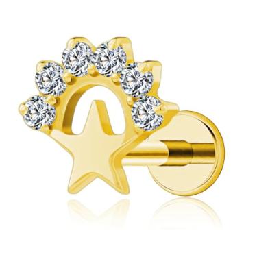 Imagem de FLORA PIERCING LABRET TITÂNIO PVD ESTRELA DETALHE ZIRCÔNIA CRAVEJADA PIERCING ORELHA TRAGUS HELIX CONCH MODA FEMININA 1.2X8 (DOURADO)