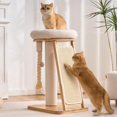 Imagem de Árvore moderna para gatos pequena torre com poste para arranhar para ambientes internos, torre multifuncional de madeira maciça para gatos com cama, bola pendurada, corda interativa, tábua de arranhar