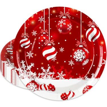 Imagem de JarThenaAMCS 50 peças de pratos de papel de Natal bola de Natal vermelha floco de neve pratos redondos descartáveis 22,6 cm prato decorativo de mesa prato de sobremesa para festa de inverno