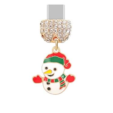 Imagem de ELISE & FONDA TP962 Tipo-C porta de carregamento cristal antipoeira pequeno boneco de neve pingente de celular para iPhone 15/16/Samsung/OnePlus/Xiaomi/oppo telefones Android (branco)