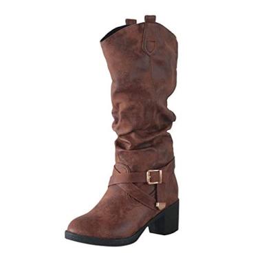 Imagem de Bigfanshu Botas femininas 2020 de couro com tiras cruzadas na altura do joelho com fivela na altura do joelho Cowboy bota de salto baixo sem cadarço, Marrom, 37 BR