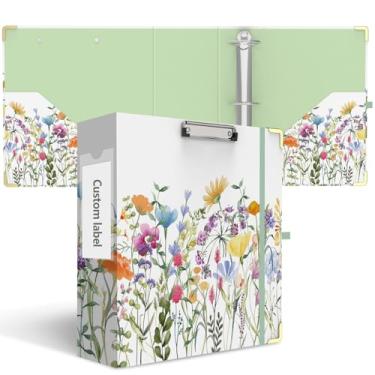 Imagem de Fichário com 3 anéis de 7,6 cm, lindos fichários redondos de 7 cm com prancheta de perfil baixo com armazenamento, 2 bolsos internos, organizador de fichários para material de escritório escolar (flor