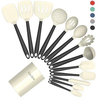 Imagem de Coukre Conjunto de utensílios de cozinha de silicone de 14 peças com suporte – resistente ao calor, utensílios de cozinha de grau alimentício, espátula, colher e utensílios para panelas antiaderentes